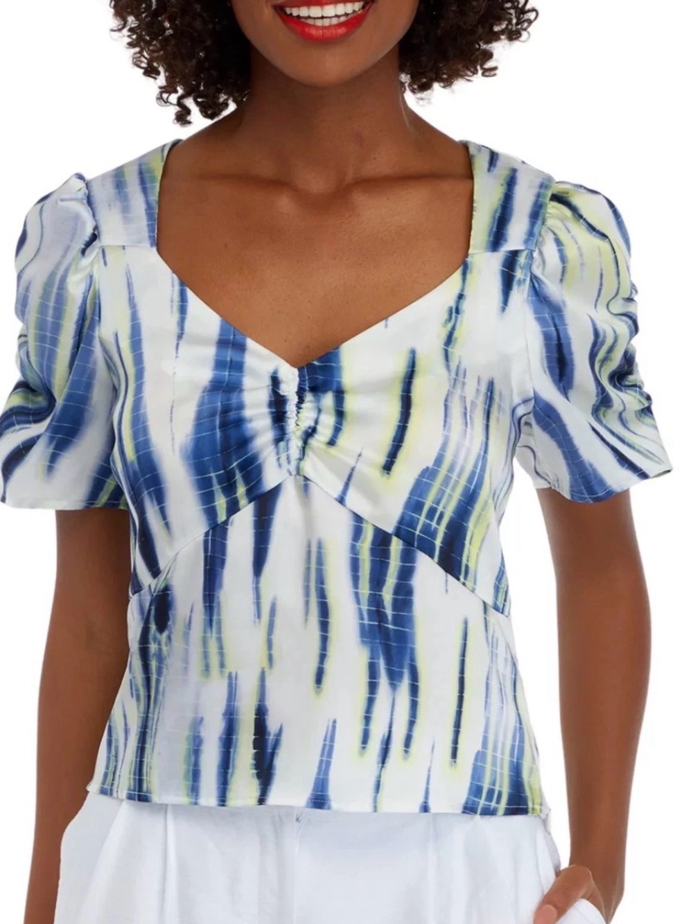 DKNY Satin Tie Dye V Neck Blouse Womens S Y2K Office Ruched Puff Sleeve Retro